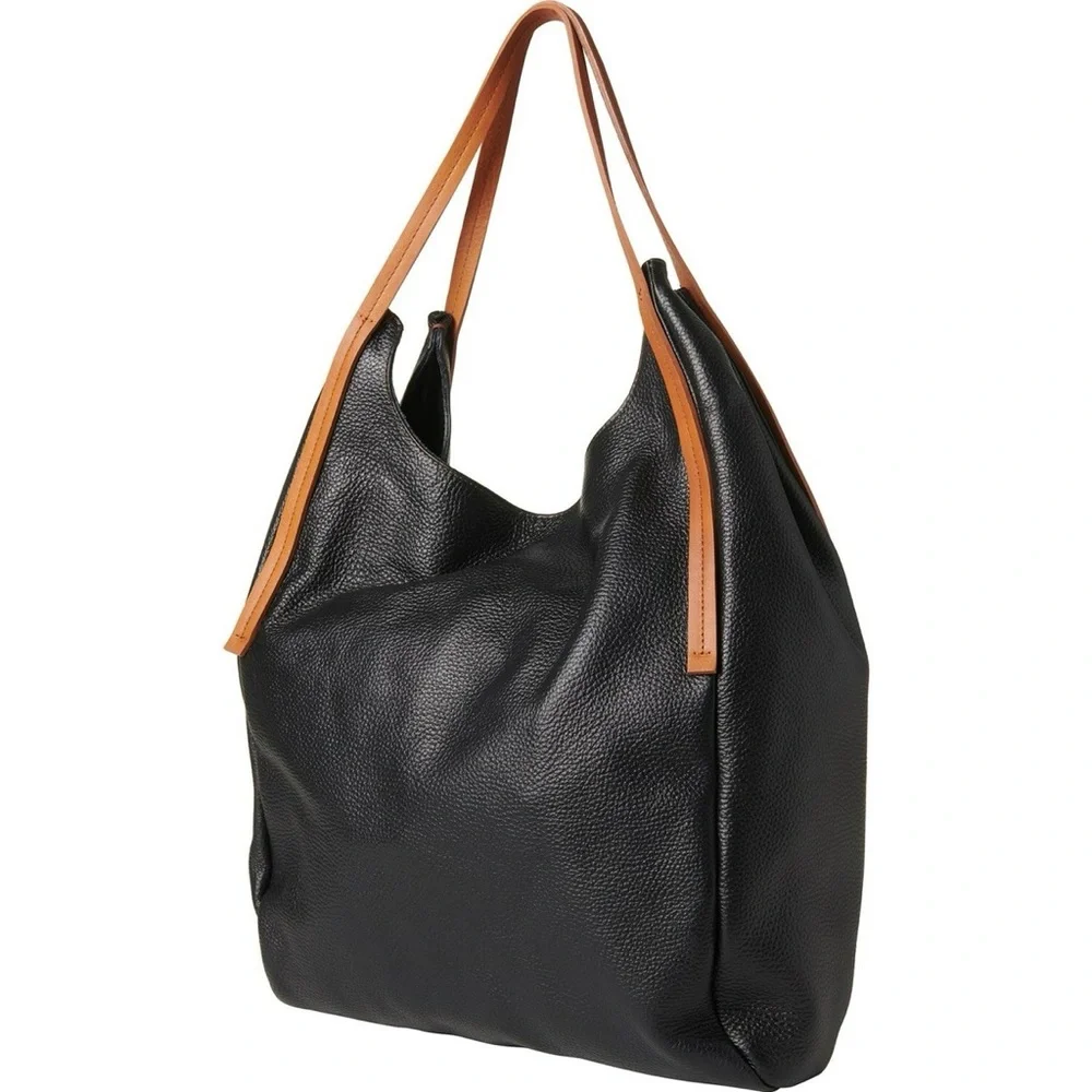 Valentina‎ Black and Tan Pebbled Leather Tote Shoulder Bag